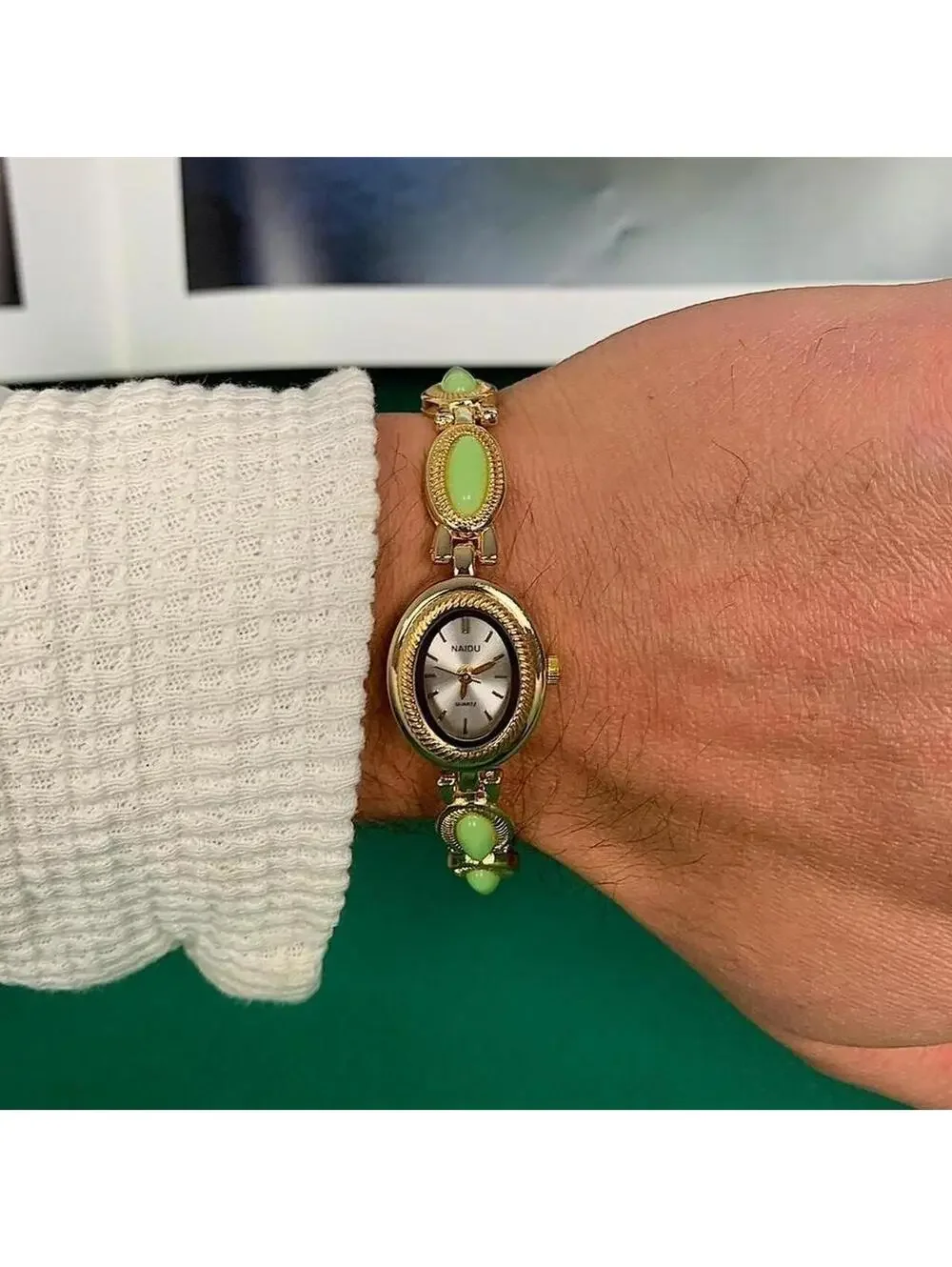 Y2k style Dainty cute Gold style tone quartz watch with lime green jade stone op